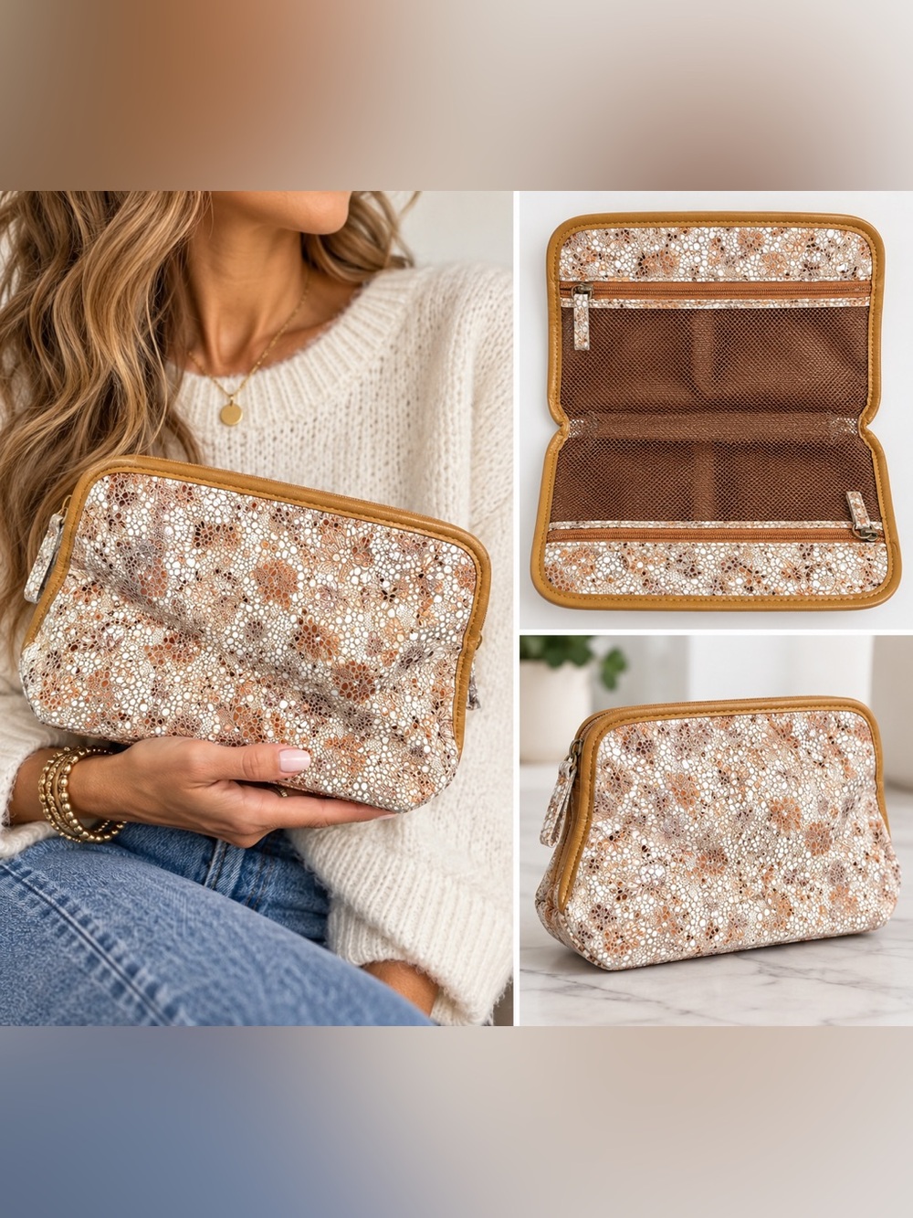 HOBO Beauty Cosmetic Pouch – Metallic Floral Genuine Leather